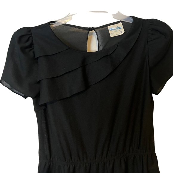 Vintage Miss Joni Dress Tiered Layer Ruffles Short Sleeve Black Career - Picture 9 of 11